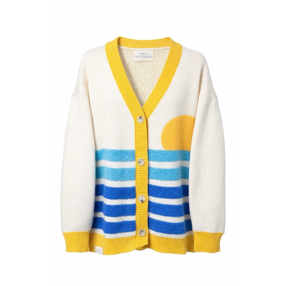 Simply Southern Cardigan Sweater M White Yellow Blue Striped Button Front